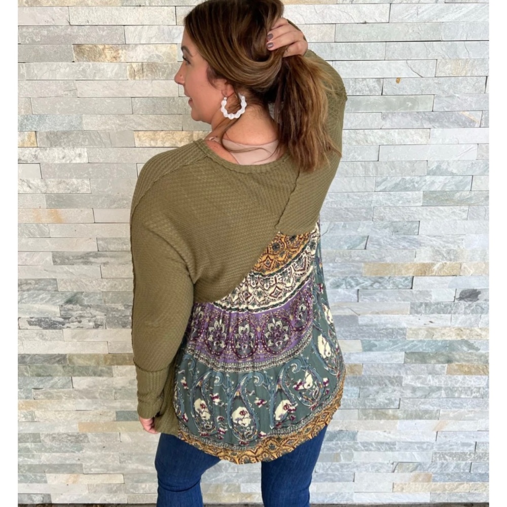 Waffle Knit And Woven Print Mixed Hi Low Flowy Tunic Top Small